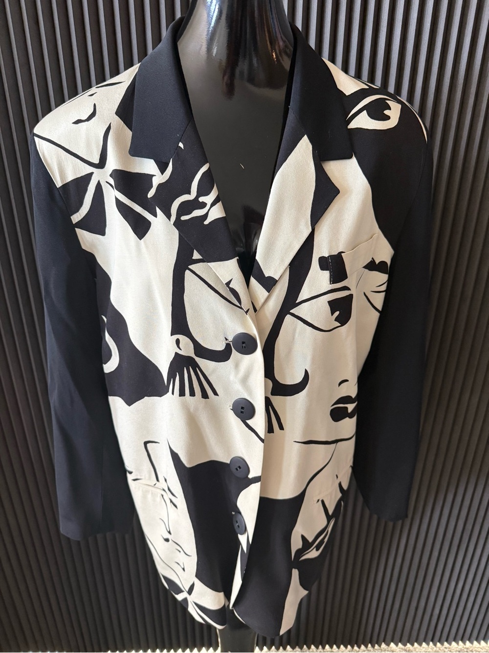 Vintage 80s Mephisto Black & White Abstract Art Face Print Lined Blazer SZ L